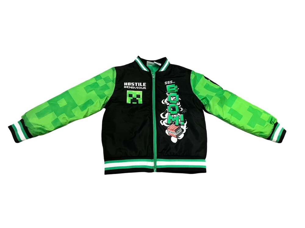Minecraft Boys Creeper Varsity Bomber Jacket Size 6/7 Black Green Zip-Up